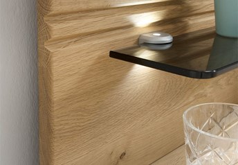 Bedside table back panel and glass shelf with LED light