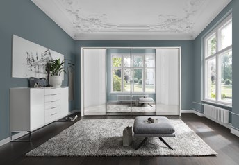 white glass and mirror, passepartout with circumferential lights