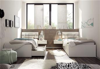 White version with Duo headboard with Caja bedside tables
