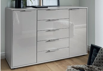 Combi drawer and doors, standard legs, handles chrome, p'grey with p'grey glass
