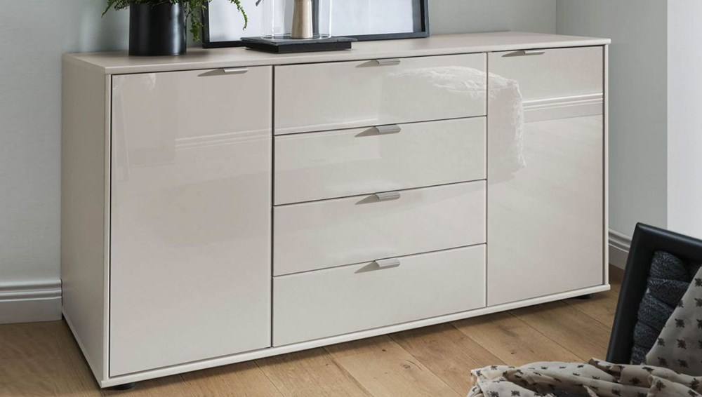 champagne carcass, champagne fronts, combi dresser with matt alu handles, 4drawers