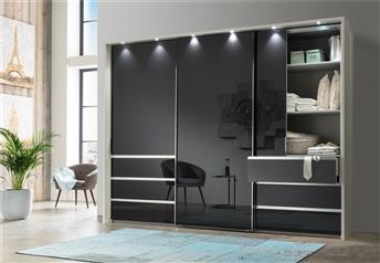 Alpine white carcass with Dark Grey Glass doors and drawers, with passe-partout with lights