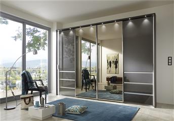 Havanna carcass with Havanna Glass doors, mirrors and drawers, with passe-partout with lights and side LED light strips