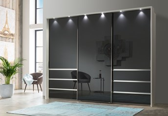 Alpine white carcass with Graphite Glass doors and drawers, with passe-partout with lights
