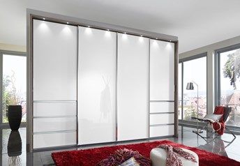 Dark rustic oak carcass with White Glass doors and drawers, with passe-partout with lights