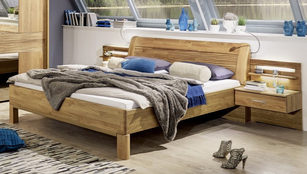 bed with 1 drawer bedside tables, with shelf and lights