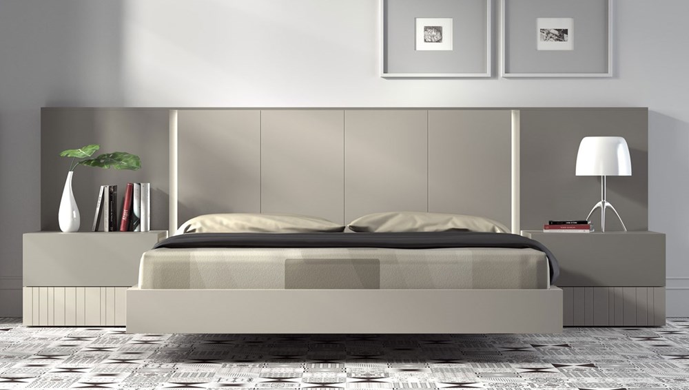 Guardia IRIS floating bed in Moka Matt lacquer, shown with matching wall panel extensions and bedside tables.