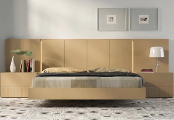 Guardia IRIS floating bed in Cinnamon matt lacquer, shown with matching wall panel extensions and bedside tables.