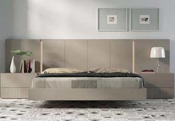 Guardia IRIS floating bed in Gris matt lacquer, shown with matching wall panel extensions and bedside tables.