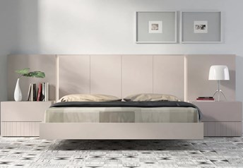 Guardia IRIS floating bed in Lino matt lacquer, shown with matching wall panel extensions and bedside tables.