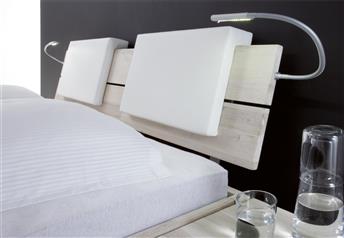 Duetto headboard (please disregard timber shown) with optional Varo pads in white real leather 