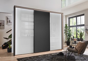 graphite carcass and middle door, white glass outer doors, decking same as carcass, pp frame with circumferential light