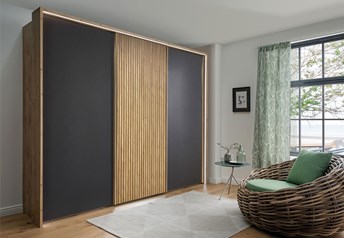 Graphite middle door and outer doors, decking & carcass bianco oak, pp frame with circumferential light