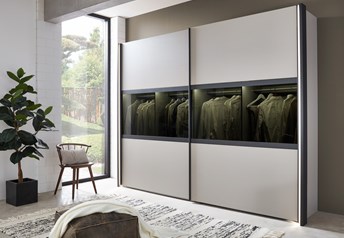 Pebblegrey carcass and doors, side profiles with LED lights, optional interior shelves with lights ON