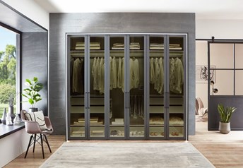 Graphite carcass, all doors in transparent smoky grey glass. external frame with lights, with optional interior lighting