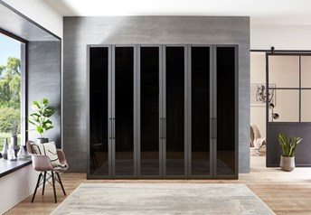 Graphite carcass, all doors in transparent smoky grey glass. no interior lighting- or lights OFF