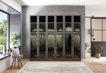 Graphite carcass, all doors in transparent smoky grey glass. with optional  interior lighting