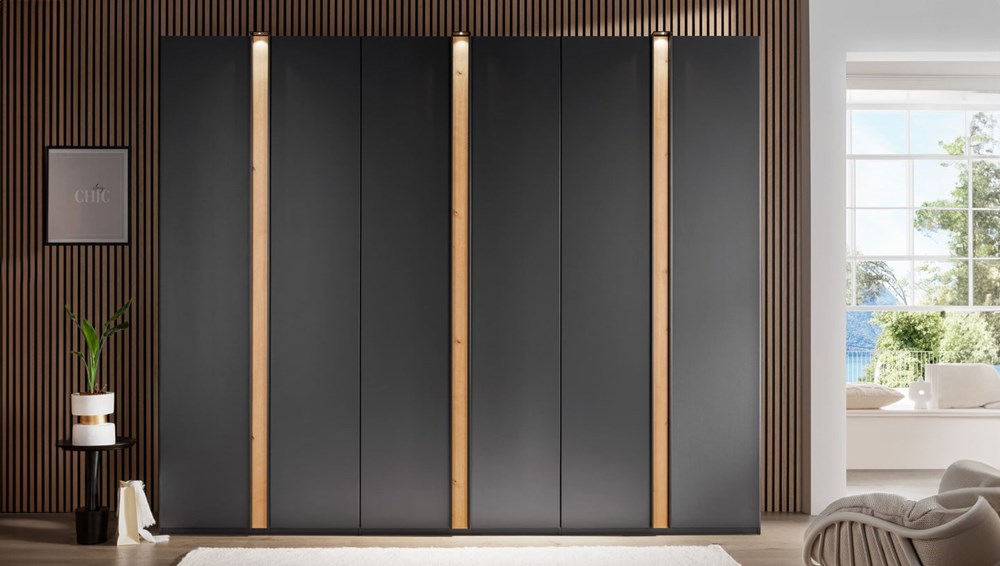 300 cm, graphite carcass and doors, bianco oak strips, with lighting