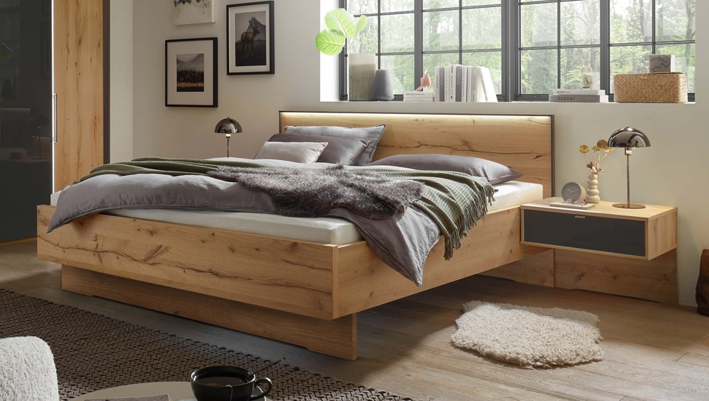 Floating beds with LED light on headboard