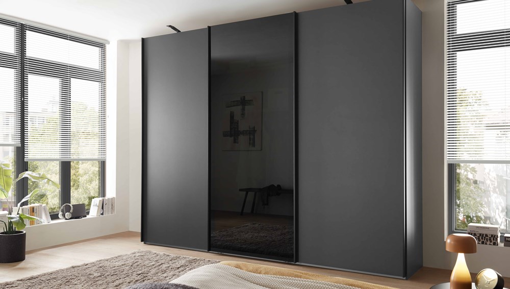 graphite matt outer doors, grey parsol glass middle door,LED Line lights