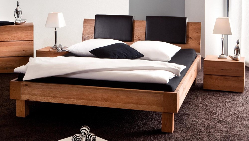 Natural Oak Oiled, Real Leather Graphite Headrests Solid Wooden Bed