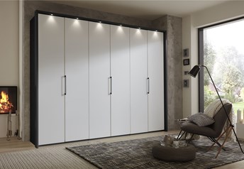 Featuring graphite carcass, white frosted glass matt doors, passe partout frame with LED spotlights ;
