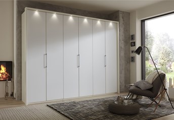 Featuring white carcass, white frosted glass matt doors, passe partout frame with LED spotlights ;
