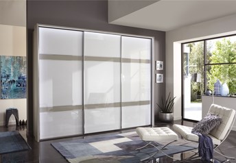 Pebblegrey carcass and 2 cross trims, white glass doors, passe partout frame with circumferential light