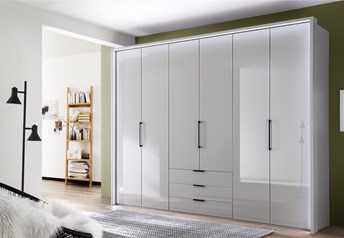 wardrobes shown in pictures are all 300 cm wardrobes - version with exterior drawers & slate handles.